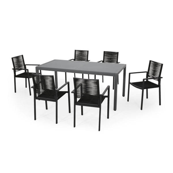 Gdf Studio Aaleigha Outdoor Modern 6 Seater Aluminum Dining Set With Tempered Glass Table Top
