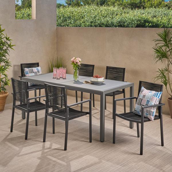Gdf Studio Aaleigha Outdoor Modern 6 Seater Aluminum Dining Set With Tempered Glass Table Top