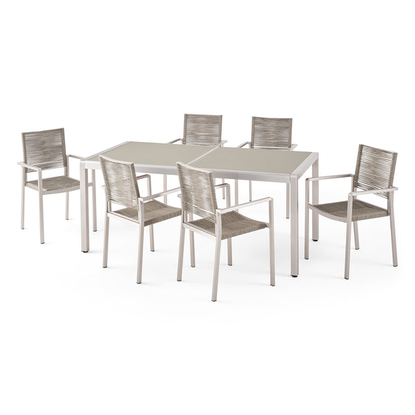 gdf studio Aaleigha Outdoor Modern 6 Seater Aluminum Dining Set with Tempered Glass Table Top
