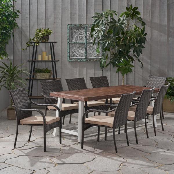 Gdf Studio Addilynn Outdoor Wood And Wicker 8 Seater Dining Set
