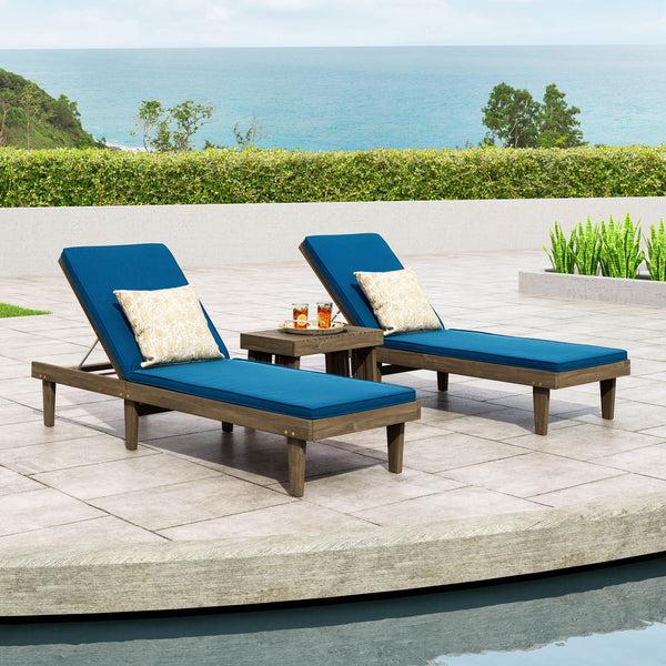 Gdf Studio Addisyn Outdoor Acacia Wood 3 Piece Chaise Lounge Set With Water-Resistant Cushions
