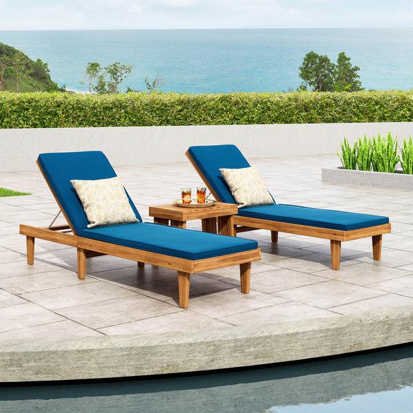 gdf studio Addisyn Outdoor Acacia Wood 3 Piece Chaise Lounge Set with Water-Resistant Cushions