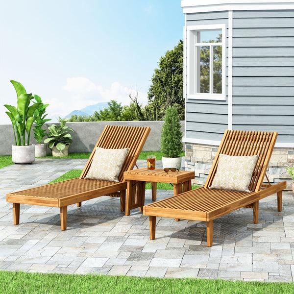 gdf studio Addisyn Outdoor Acacia Wood 3 Piece Chaise Lounge Set