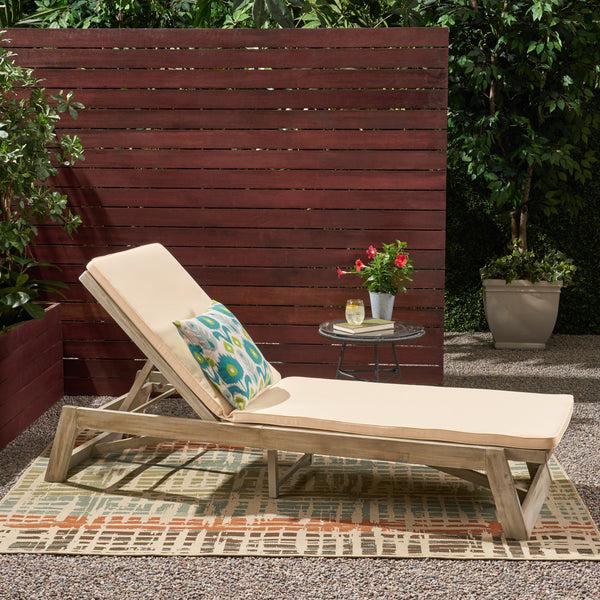 Gdf Studio Adelaide Outdoor Acacia Wood Chaise Lounge And Cushion Set
