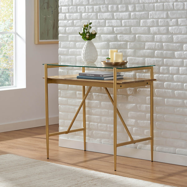 Gdf Studio Adena Rustic Glam Handmade Glass Top Console Table Honey Brown And Gold