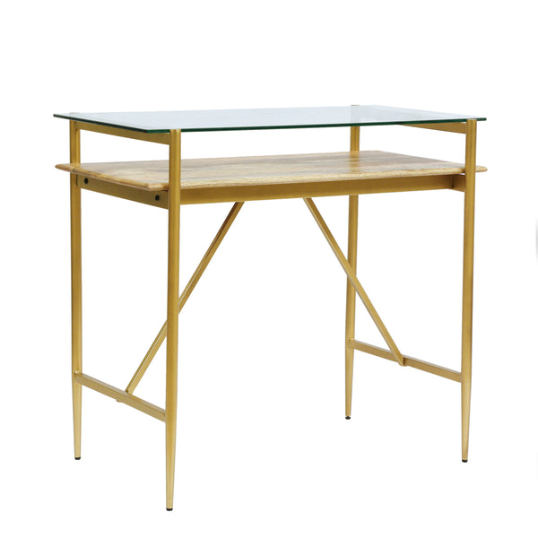 gdf studio Adena Rustic Glam Handmade Glass Top Console Table Honey Brown and Gold