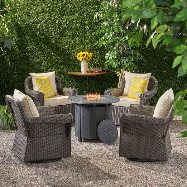 Gdf Studio Admiral Outdoor 4 Seater Wicker Swivel Chair And Fire Pit Set