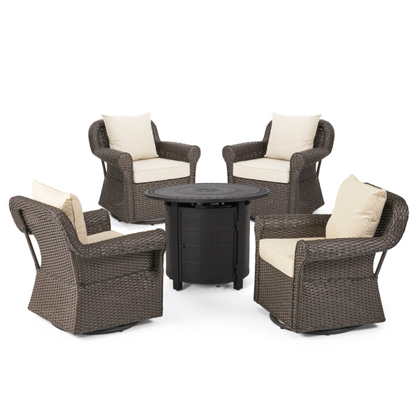 gdf studio Admiral Outdoor 4 Seater Wicker Swivel Chair and Fire Pit Set