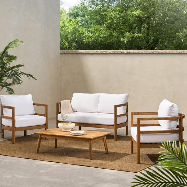 Gdf Studio Aggie Outdoor Acacia Wood 4-Seater Chat Set With Cushion Teak And White