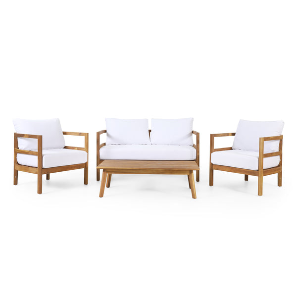 gdf studio Aggie Outdoor Acacia Wood 4-Seater Chat Set with Cushion Teak and White