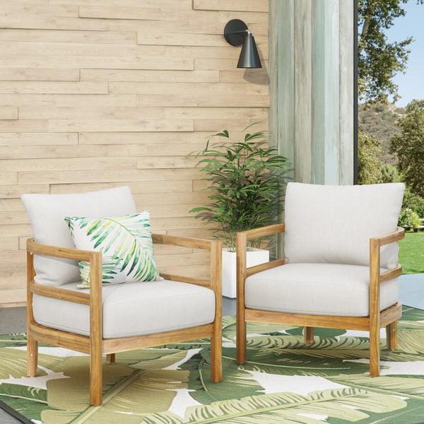 Gdf Studio Aggie Outdoor Acacia Wood Club Chair With Cushion Set Of 2 Teak And White
