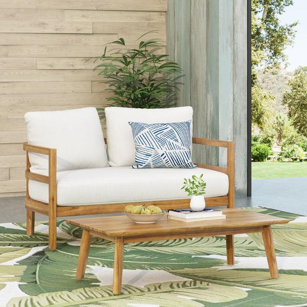 Gdf Studio Aggie Outdoor Acacia Wood Loveseat And Coffee Table Set Teak And White