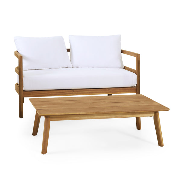 gdf studio Aggie Outdoor Acacia Wood Loveseat and Coffee Table Set Teak and White