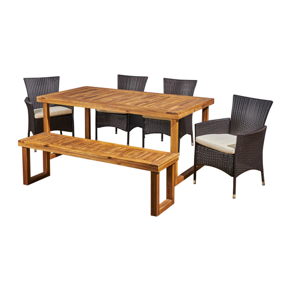 Gdf Studio Agnes Outdoor 6-Seater Wood And Wicker Chair And Bench Dining Set