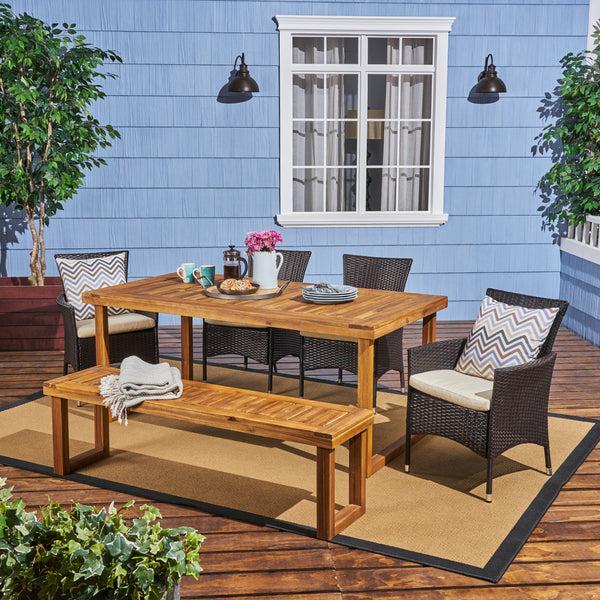 Gdf Studio Agnes Outdoor 6-Seater Wood And Wicker Chair And Bench Dining Set