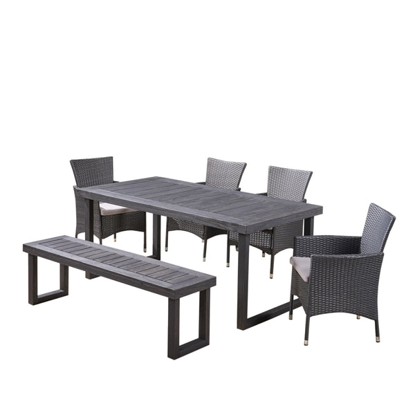 gdf studio Agnes Outdoor 6-Seater Wood and Wicker Chair and Bench Dining Set