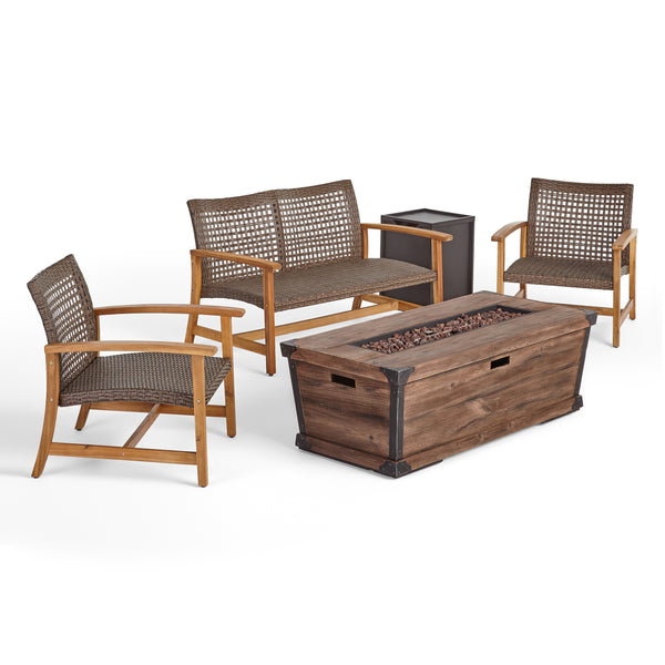 Gdf Studio Airyanna Outdoor 3 Piece Wood And Wicker Chat Set With Fire Pit