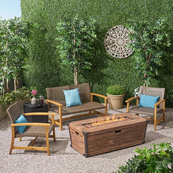 Gdf Studio Airyanna Outdoor 3 Piece Wood And Wicker Chat Set With Fire Pit