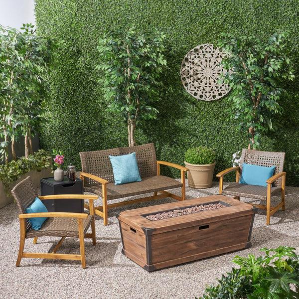 Gdf Studio Airyanna Outdoor 3 Piece Wood And Wicker Chat Set With Fire Pit