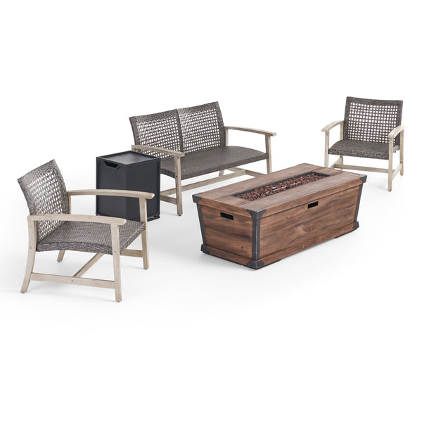 gdf studio Airyanna Outdoor 3 Piece Wood and Wicker Chat Set with Fire Pit
