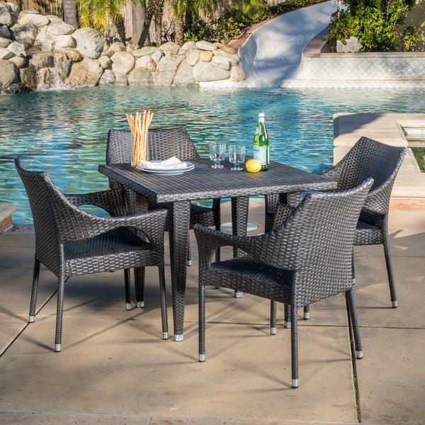 Gdf Studio Alameda Outdoor 5-Piece Gray Wicker Dining Set With Stacking Chairs