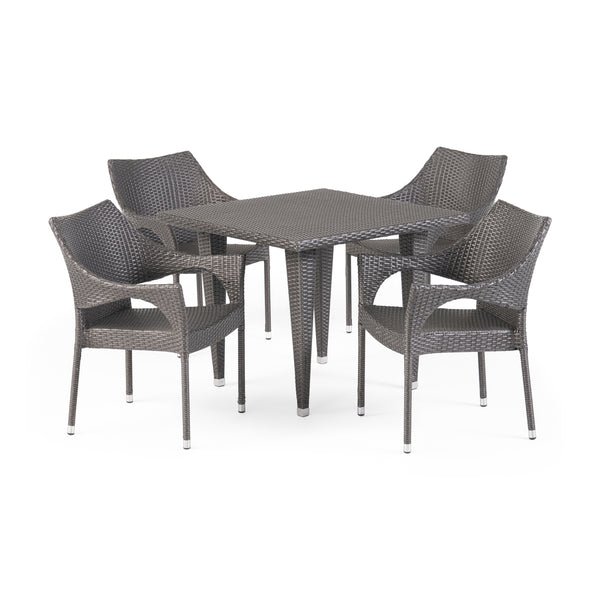 gdf studio Alameda Outdoor 5-Piece Gray Wicker Dining Set with Stacking Chairs