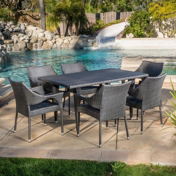 Gdf Studio Alameda Outdoor 7-Piece Gray Wicker Dining Set With Stacking Chairs