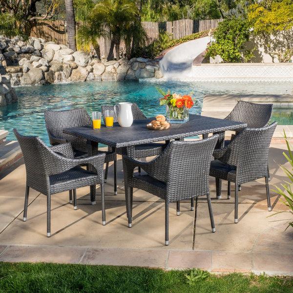 Gdf Studio Alameda Outdoor 7-Piece Gray Wicker Dining Set With Stacking Chairs