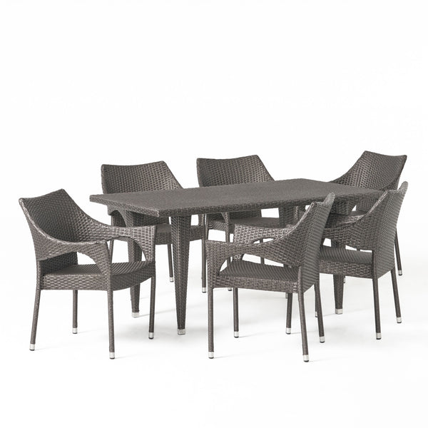 gdf studio Alameda Outdoor 7-Piece Gray Wicker Dining Set with Stacking Chairs