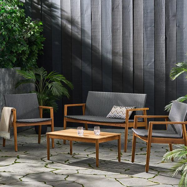 Gdf Studio Alamosa Outdoor Wicker And Acacia Wood 4 Seater Chat Gray And Teak