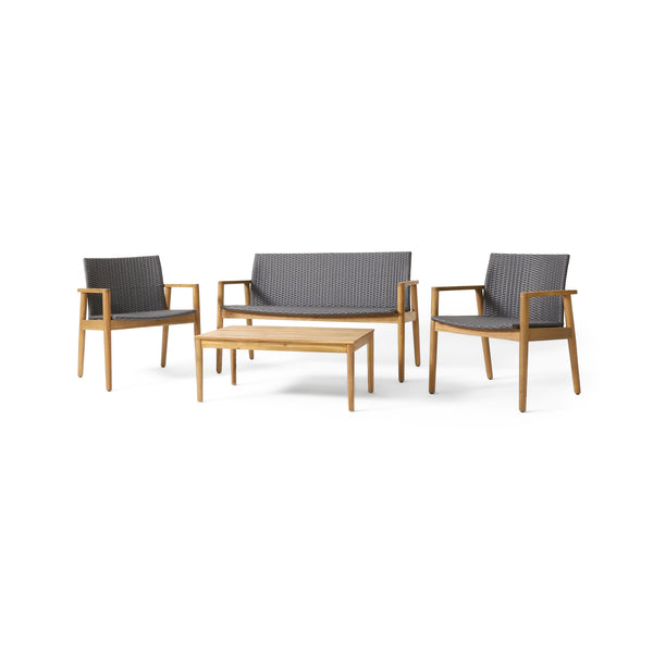 gdf studio Alamosa Outdoor Wicker and Acacia Wood 4 Seater Chat Gray and Teak