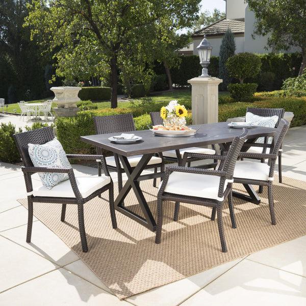 Gdf Studio Alania Outdoor 7 Piece Aluminum Dining Set With Wicker Dining Chairs