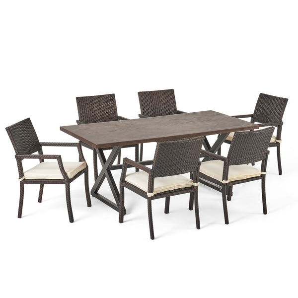 gdf studio Alania Outdoor 7 Piece Aluminum Dining Set with Wicker Dining Chairs