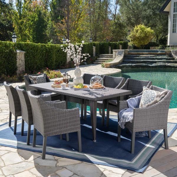 Gdf Studio Alanna Outdoor 9 Piece Wicker Dining Set With Water Resistant Cushions