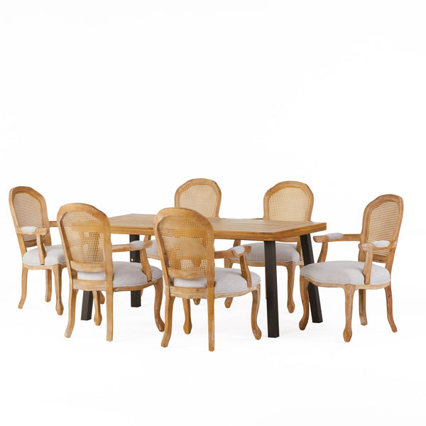 Gdf Studio Aldrich Farmhouse Fabric Upholstered Wood And Cane 7 Piece Dining Set