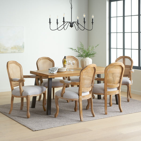 Gdf Studio Aldrich Farmhouse Fabric Upholstered Wood And Cane 7 Piece Dining Set