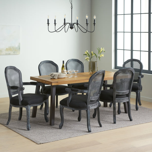 gdf studio Aldrich Farmhouse Fabric Upholstered Wood and Cane 7 Piece Dining Set