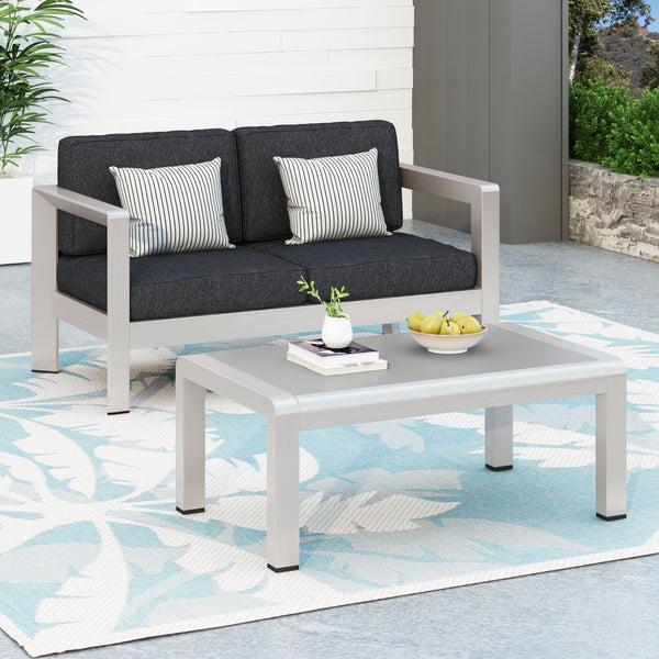 Gdf Studio Alec Outdoor Aluminum Loveseat And Tempered Glass-Topped Coffee Table Silver And Gray