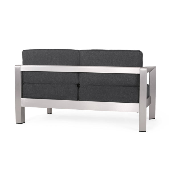 Gdf Studio Alec Outdoor Aluminum Loveseat And Tempered Glass-Topped Coffee Table Silver And Gray