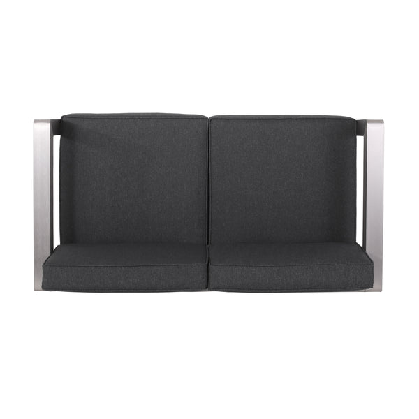 Gdf Studio Alec Outdoor Aluminum Loveseat And Tempered Glass-Topped Coffee Table Silver And Gray