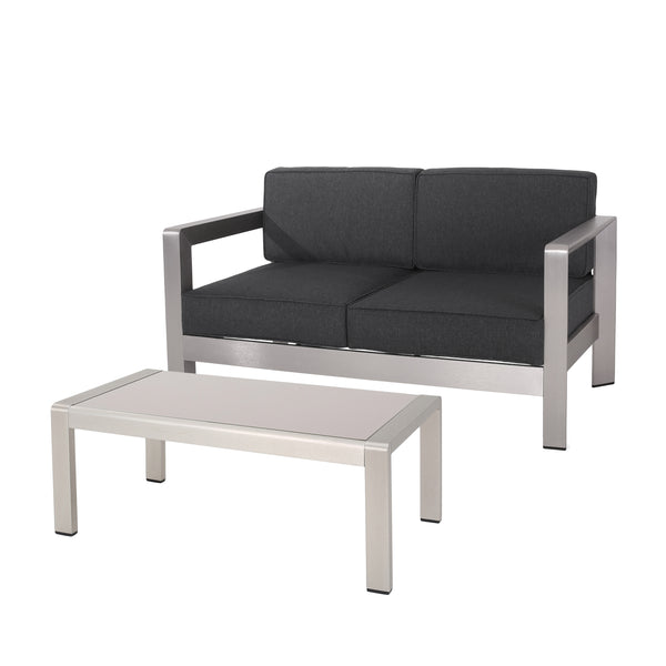 gdf studio Alec Outdoor Aluminum Loveseat and Tempered Glass-Topped Coffee Table Silver and Gray