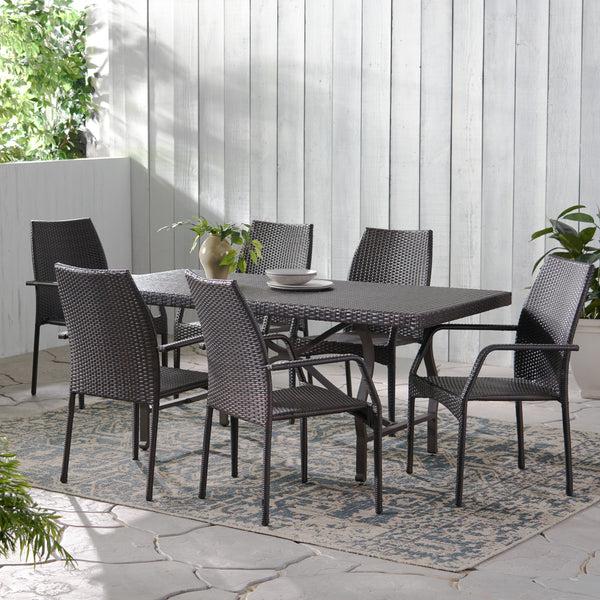 Gdf Studio Alexi Outdoor Transitional 7-Piece Multi-Brown Wicker Dining Set With Arm Chairs