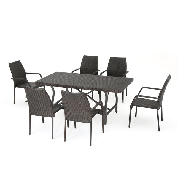 gdf studio Alexi Outdoor Transitional 7-Piece Multi-Brown Wicker Dining Set with Arm Chairs