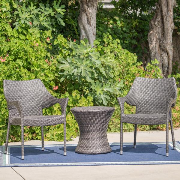 Gdf Studio Alfheimr Outdoor 3 Piece Grey Wicker Stacking Chair Chat Set