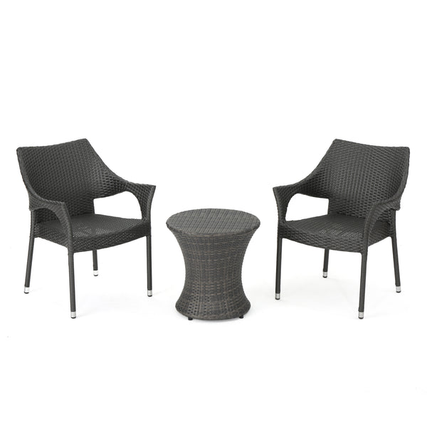 gdf studio Alfheimr Outdoor 3 Piece Grey Wicker Stacking Chair Chat Set
