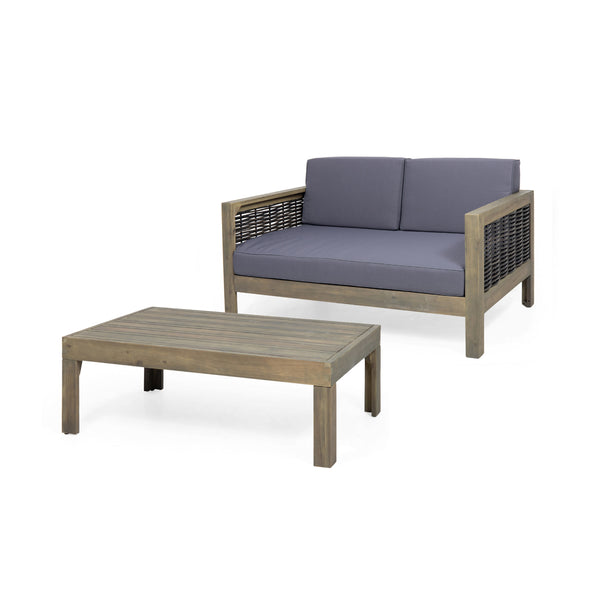 Gdf Studio Allegra Outdoor Acacia Wood And Wicker Loveseat And Coffee Table Set With Cushions