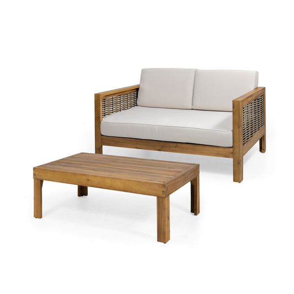 gdf studio Allegra Outdoor Acacia Wood and Wicker Loveseat and Coffee Table Set with Cushions
