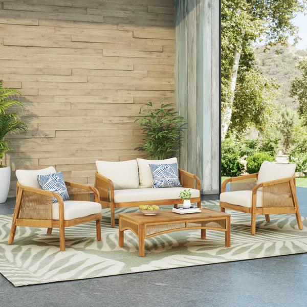 Gdf Studio Allerton Outdoor Acacia Wood And Wicker 4 Seater Chat Set With Cushions Teak Light Brown And Beige