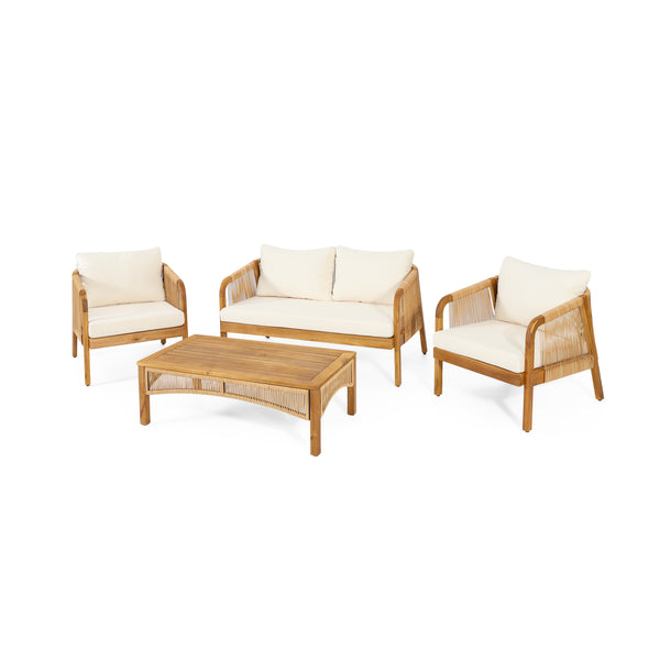 gdf studio Allerton Outdoor Acacia Wood and Wicker 4 Seater Chat Set with Cushions Teak Light Brown and Beige