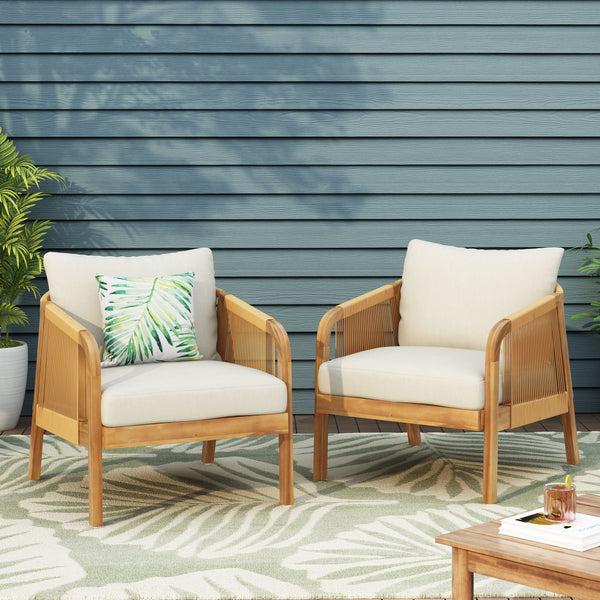 Gdf Studio Allerton Outdoor Acacia Wood And Wicker Club Chairs With Cushions Set Of 2 Teak Light Brown And Beige